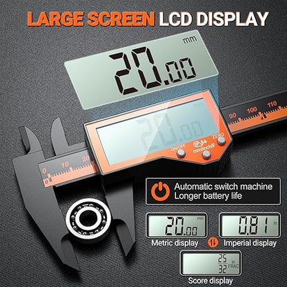 Preciva 6 Inch Digital Caliper, High Precision Measuring Tool with Large LCD Screen,Inch/Metric/Fraction Conversion, Auto-Off Feature, Vernier Caliper for DIY and Household (Orange)