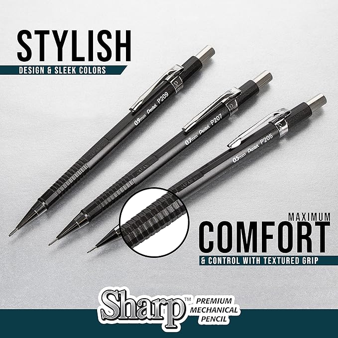 Pentel Sharp Mechanical Pencil, (0.5mm), Fine Line, Black Barrel, Pack of 4 (P205PF4A)