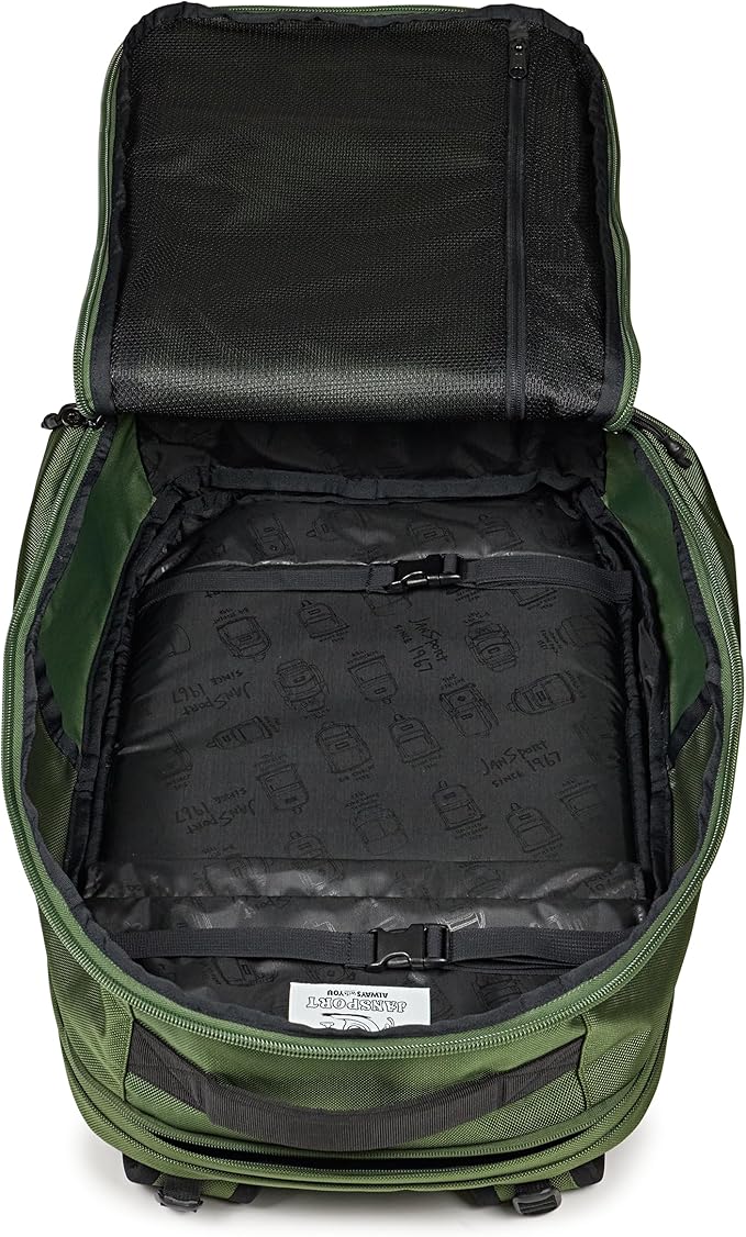 JanSport Venture Pack – Travel Pack With Large Main Compartment with Compression Straps, Dual Water Bottle Pockets, Padded Hip Belt & Luggage Trolley Pass-Through, Cargo Green