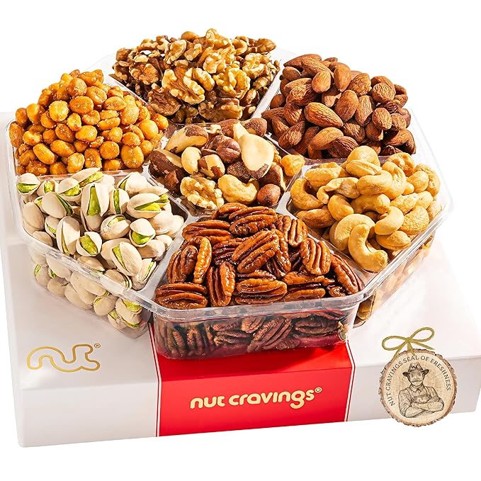 NUT CRAVINGS - Thanksgiving Mixed Nuts Gift Basket in Red Gold Box (7 Assortments, 2 LB) Holiday Xmas Christmas Food Arrangement, Healthy Snack Care Package, Food Assortments