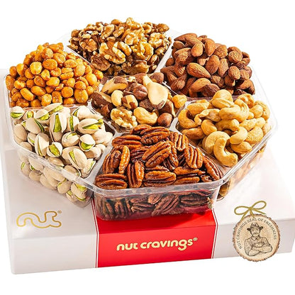 NUT CRAVINGS - Thanksgiving Mixed Nuts Gift Basket in Red Gold Box (7 Assortments, 2 LB) Holiday Xmas Christmas Food Arrangement, Healthy Snack Care Package, Food Assortments