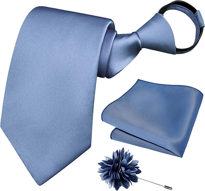 Branduce 3.15"（8cm） Pre-tied Adjustable Zipper Tie and Lapel Pin Solid Necktie Handkerchief Set for Men