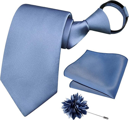 Branduce 3.15"（8cm） Pre-tied Adjustable Zipper Tie and Lapel Pin Solid Necktie Handkerchief Set for Men