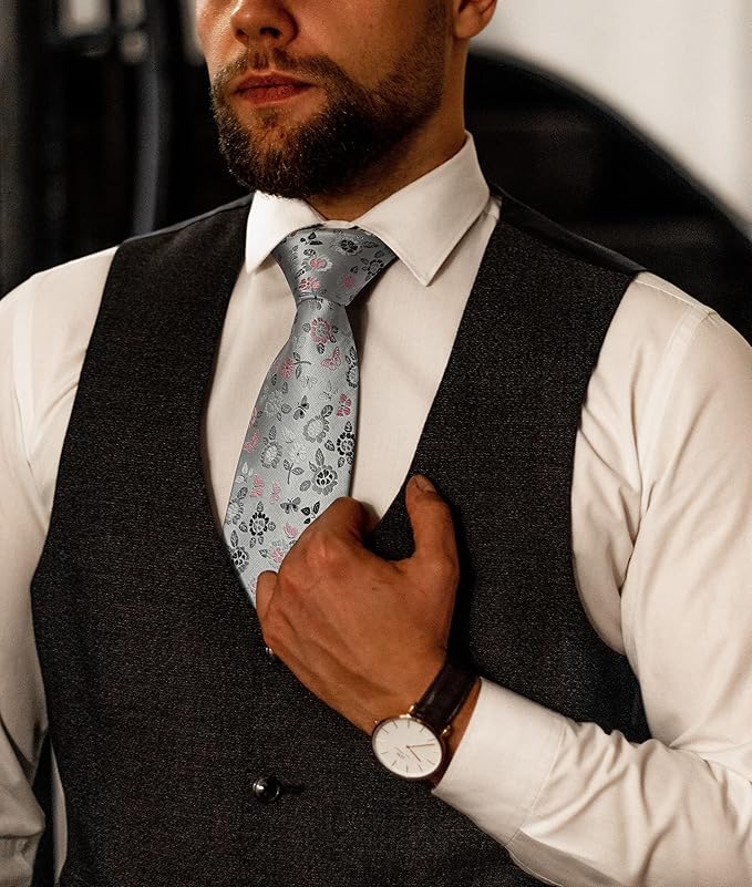 HISDERN Men Floral Ties Woven Classic 3.4" Necktie Set Formal Tie Pocket Square for Wedding with Handkerchief Gift Box