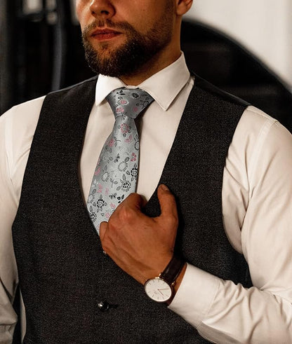 HISDERN Men Floral Ties Woven Classic 3.4" Necktie Set Formal Tie Pocket Square for Wedding with Handkerchief Gift Box
