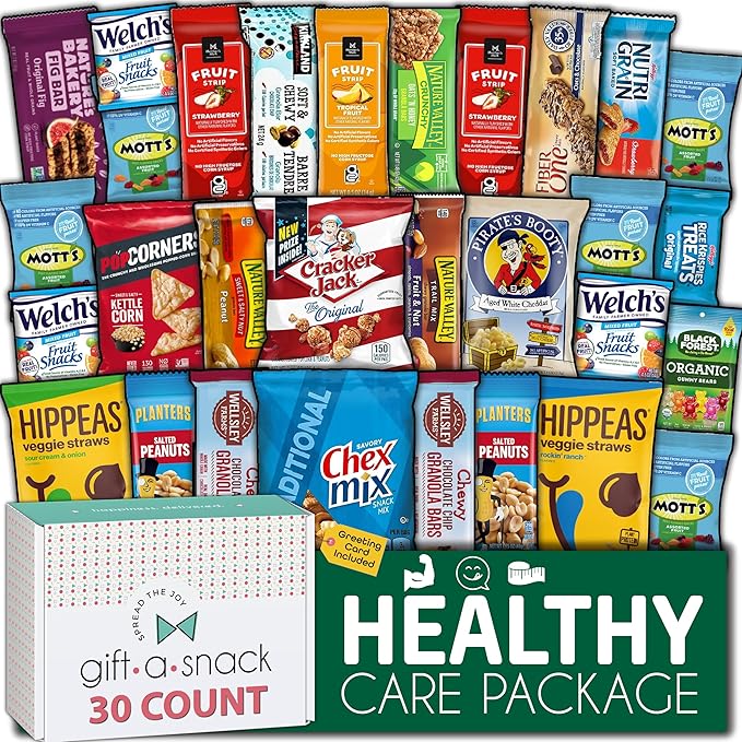 Gift A Snack - Thanksgiving, Holiday, Christmas Stocking Stuffer Healthy Snack Box Care Package + Greeting Card (30 Count) Birthday Treats Gift Basket, Nutritious Granola Breakfast Bars