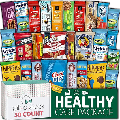 Gift A Snack - Thanksgiving, Holiday, Christmas Stocking Stuffer Healthy Snack Box Care Package + Greeting Card (30 Count) Birthday Treats Gift Basket, Nutritious Granola Breakfast Bars
