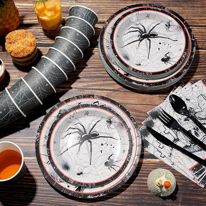 Halloween Party Plates Supplies,Disposable Vintage Skull,Spider Web Tableware Paper Plates and Napkins Cups Knives Spoons Forks for Halloween Birthday Baby Shower Party Decorations,Serve 25 Guests