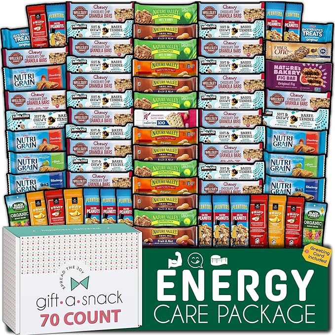 Gift A Snack - Thanksgiving, Holiday, Christmas Stocking Stuffer Healthy Granola Breakfast Bars, Snack Box Care Package + Greeting Card (70 Count) Birthday Treats Gift Basket Nutritious Chips