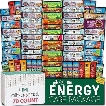 Gift A Snack - Thanksgiving, Holiday, Christmas Stocking Stuffer Healthy Granola Breakfast Bars, Snack Box Care Package + Greeting Card (70 Count) Birthday Treats Gift Basket Nutritious Chips