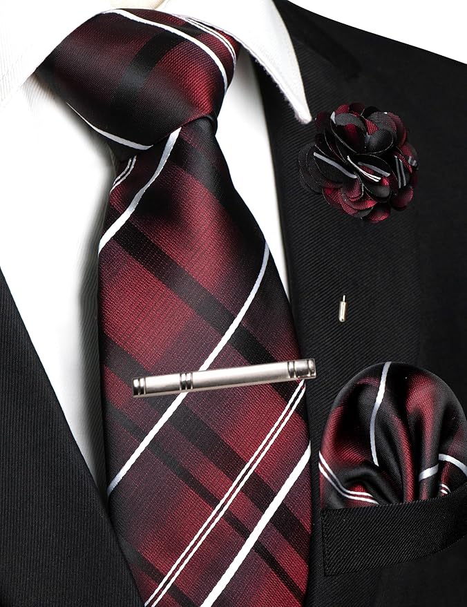 JEMYGINS Mens Striped Tie and Pocket Square with Tie Clip Lapel Pin Set 4PCS