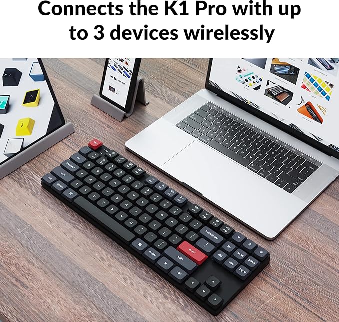 Keychron K1 Pro RGB Ultra-Slim QMK/VIA Custom Bluetooth Wireless/USB Wired Mechanical Keyboard with Low-Profile Gateron Brown Switch, PBT Keycaps TKL Layout Computer Keyboard for Mac Windows Linux