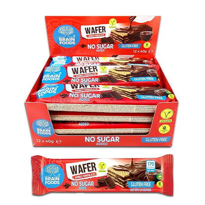 BRAIN FOODS Gluten Free Vegan Double Chocolate Wafers - 12 Bars, No Sugar Added, High Fiber, No Palm Oil, 1.4 oz, 170 Calories, Guilt Free Snack, Natural Chocolate Flavor