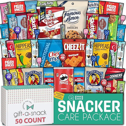 Gift A Snack - Halloween Trick or Treats Snack Box Variety Pack Care Package + Greeting Card (50 Count) Birthday Sweet Treats Gift Basket, Candies Chips Crackers Bars, Office Food Assortments