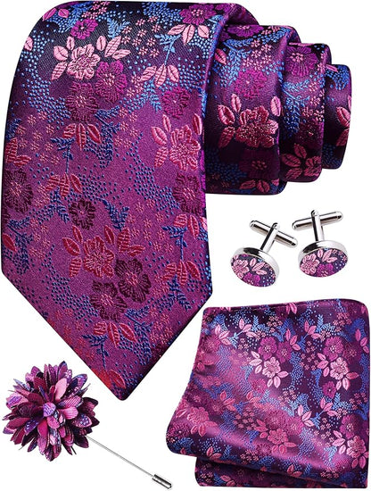 GUSLESON 3.15"（8cm） Mens Floral Tie and Lapel Pin Necktie Hankerchief Cufflinks Set for Men