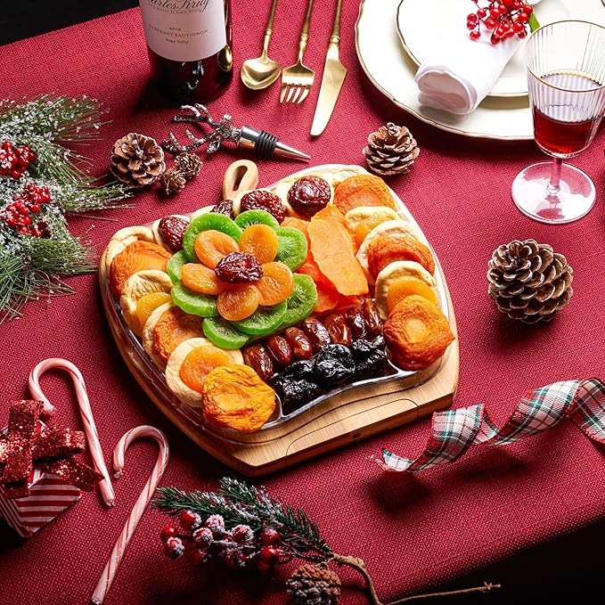 Oh! Nuts Dried Fruit Gift Basket - Gourmet Gift Baskets - Holiday Healthy Assortment Dried Fruits Gift Box - Crafted in the USA - Wooden Apple Shape Gift Tray - (Sunset Orange)