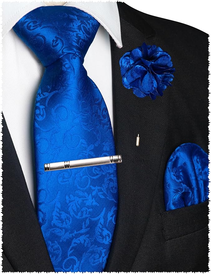 JEMYGINS Mens Floral Tie and Lapel Pin Necktie Pocket Square and Tie Clip with Sets for Business Casual 4PCS