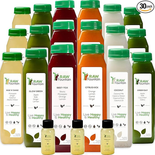 5 Day Juice Cleanse by Raw Fountain, All Natural Raw Detox Cleanse, Juicing for Body Reset, Cold Pressed Juice Fast, Great Way to Jumpstart a Healthier, Diet 30 Bottles 12oz, 5 Ginger Shots