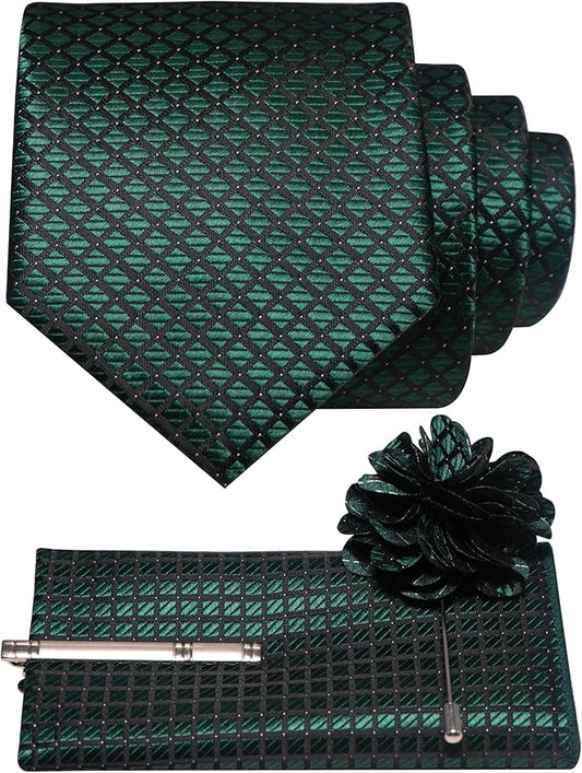 JEMYGINS Mens Solid Color Plaid Tie and Lapel Pin Necktie Pocket Square and Tie Clip with Sets for Business Casual 4PCS