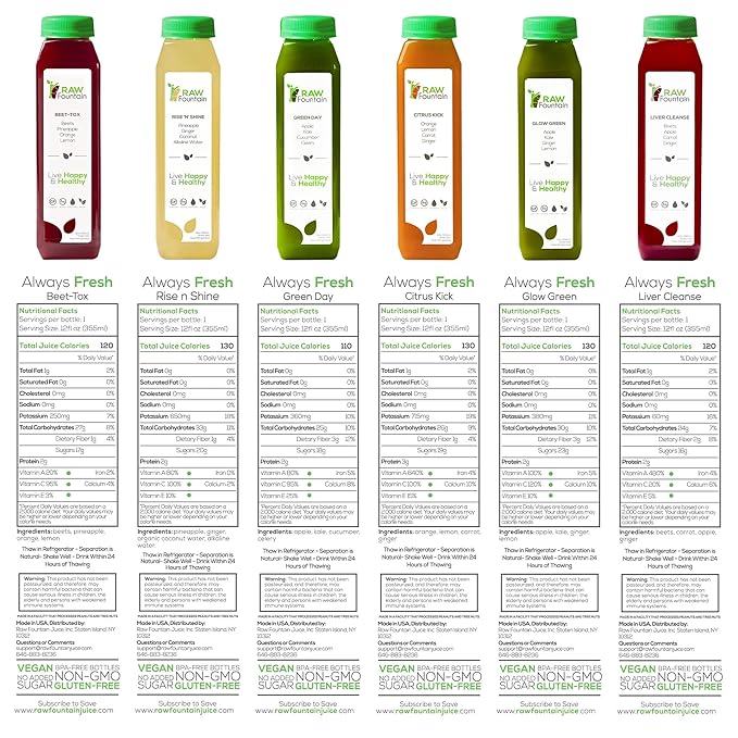 7 Day Juice Cleanse by Raw Fountain, All Natural Raw Detox Cleanse, Juicing for Body Reset, Cold Pressed Juice Fast, Great Way to Jumpstart a Healthy Diet, 42 Bottle 12oz, 7 Ginger Shots