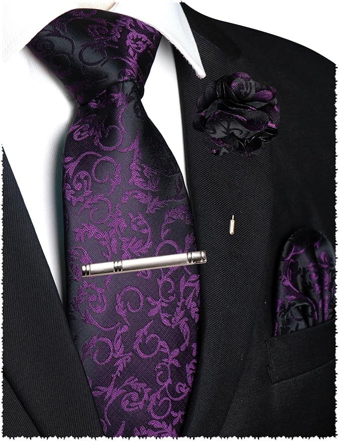 JEMYGINS Mens Floral Tie and Lapel Pin Necktie Pocket Square and Tie Clip with Sets for Business Casual 4PCS