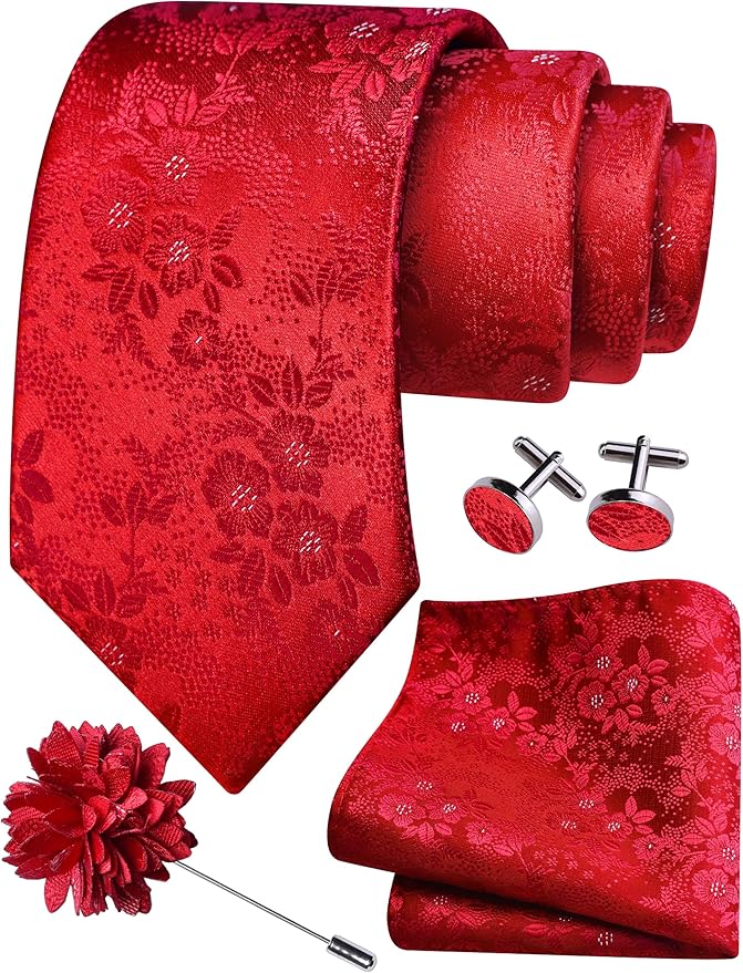 GUSLESON 3.15"（8cm） Mens Floral Tie and Lapel Pin Necktie Hankerchief Cufflinks Set for Men