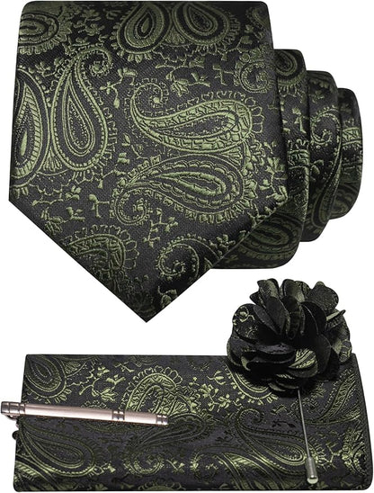 JEMYGINS Mens Paisley Tie and Lapel Pin Necktie Pocket Square and Tie Clip with Sets for Business Casual 4PCS
