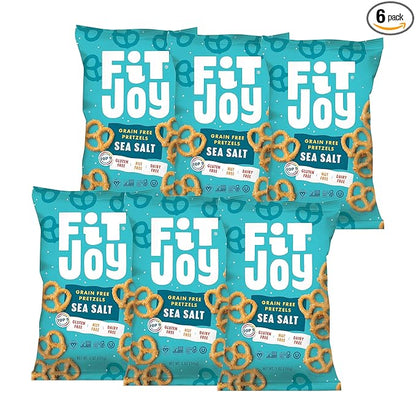 FitJoy Sea Salt Pretzels (Pack of 6, 5 Oz) - Dairy, Nut & Gluten Free Snacks - Grain Free Cassava Root & Chickpea Flour Vegan Pretzel Twists - Classic Snack Pretzels for Moms, Children and More