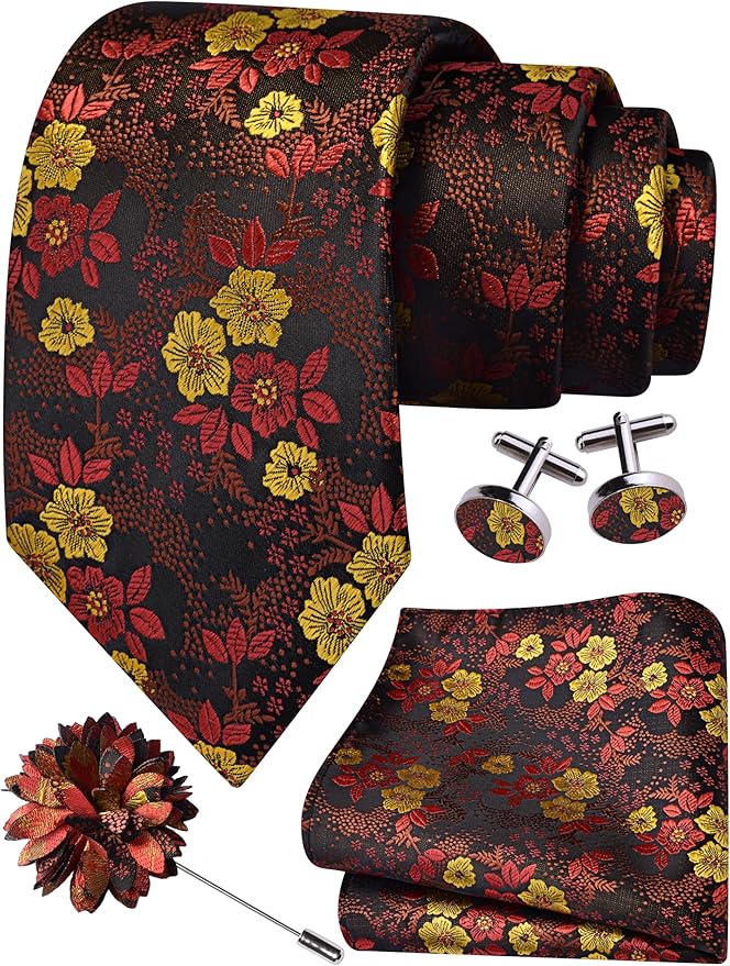 GUSLESON 3.15"（8cm） Mens Floral Tie and Lapel Pin Necktie Hankerchief Cufflinks Set for Men