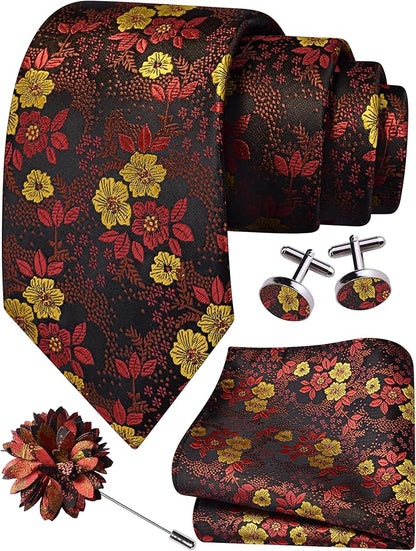 GUSLESON 3.15"（8cm） Mens Floral Tie and Lapel Pin Necktie Hankerchief Cufflinks Set for Men