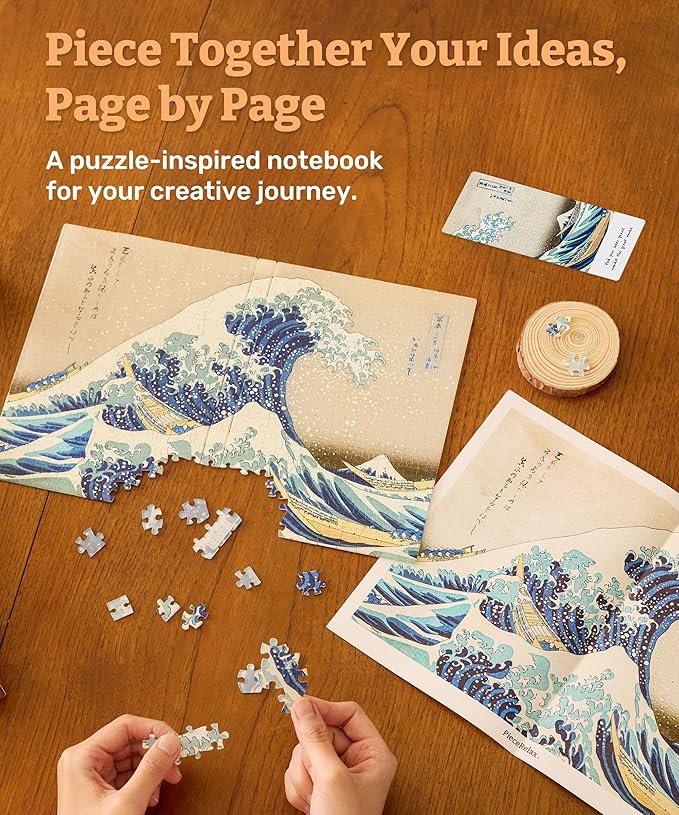 PieceRelax A5 Puzzle Journal for Adults, 300 Piece Plastic Jigsaw Book Cover (Includes Notebook) - Katsushika Hokusai - The Great Wave, Unique Gift [YA1066]