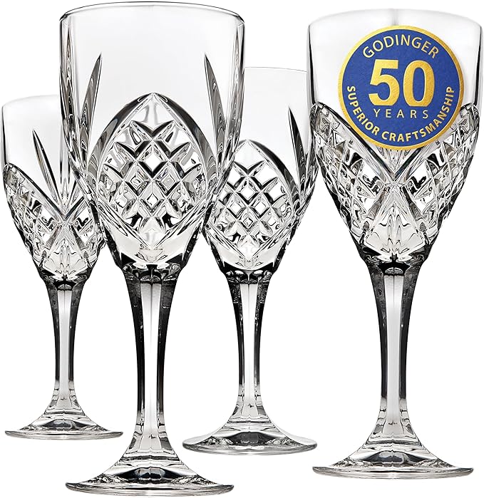 Godinger Dublin Wine Glasses, Stemmed Wine Glass Goblets, Stemmed Drinking Glasses, Glass Cups, Barware & Drinkware, 10oz Set of 4