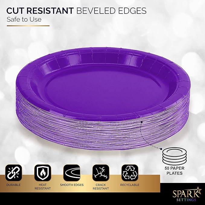 Disposable Paper Plates Purple, 6 3/4 Inches Paper Dessert Plates, Strong and Sturdy Disposable Plates for Party, Dinner, Holiday, Picnic, or Travel Party Plates, Pack of 50