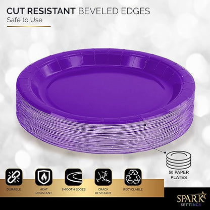 Disposable Paper Plates Purple, 6 3/4 Inches Paper Dessert Plates, Strong and Sturdy Disposable Plates for Party, Dinner, Holiday, Picnic, or Travel Party Plates, Pack of 50
