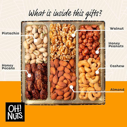 Oh! Nuts 6 Section Nuts Gift Basket - Gourmet Assorted Nut Gifts Baskets - Healthy Nuts Gift Square Metal Tin Box - Premium Food Gift for Birthday, Holiday, Movie Night, Corporate, Men & Women
