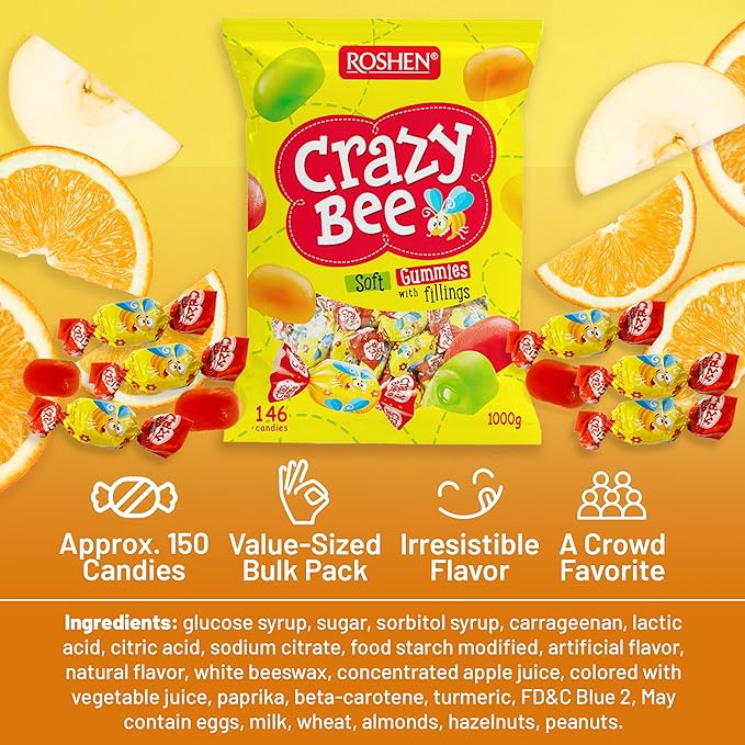 Roshen Crazy Bee Jelly Candy with Fruity Filling, Made with 6 Fruit Juices, Kosher, Halal 2.2lb/1kg