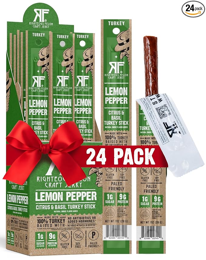 Righteous Felon Meat Sticks | 100% Turkey Sticks | Gluten Free & Keto Meat Sticks | Low Sugar & High Protein Turkey Sticks | Healthy Snack for Adults | Jerky Gifts for Men | Lemon Pepper, 24 Pack