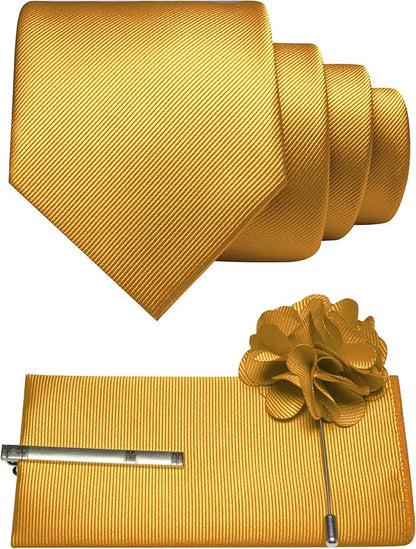 JEMYGINS Formal Necktie Solid Color Tie and Pocket Square with Tie Clip Lapel Pin Sets for Men 4PCS