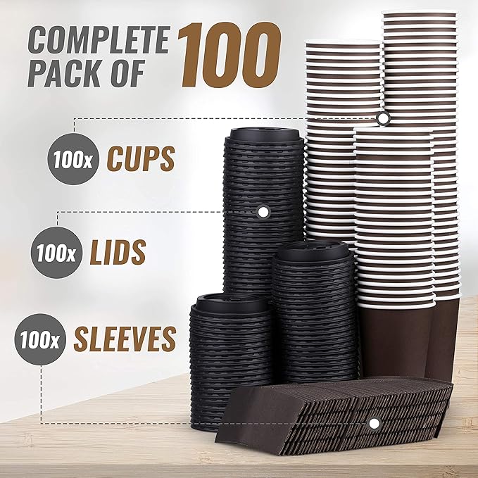 Promora 12 oz Brown Disposable Coffee Cups with Lids & Sleeves, Hot Coffee Cup Sleeves Disposable, Premium Insulated To Go Paper Cups (12 oz, Pack of 80) Brown and Black