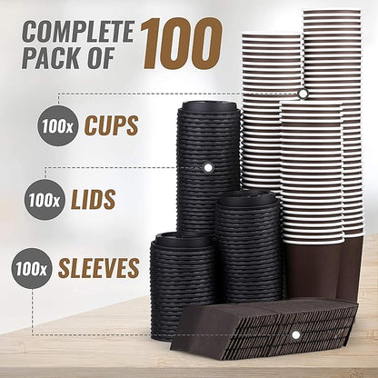Promora 12 oz Brown Disposable Coffee Cups with Lids & Sleeves, Hot Coffee Cup Sleeves Disposable, Premium Insulated To Go Paper Cups (12 oz, Pack of 80) Brown and Black