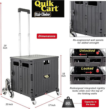 dbest products Quik Cart Stair Climber Wheeled Rolling Crate Teacher Utility with seat Heavy Duty Collapsible Basket with Handle, 18" D x 17" W x 39" H, Black