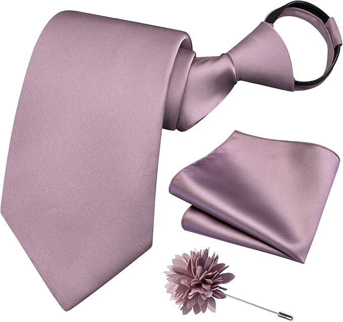 Branduce 3.15"（8cm） Pre-tied Adjustable Zipper Tie and Lapel Pin Solid Necktie Handkerchief Set for Men