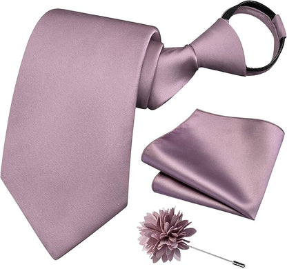 Branduce 3.15"（8cm） Pre-tied Adjustable Zipper Tie and Lapel Pin Solid Necktie Handkerchief Set for Men
