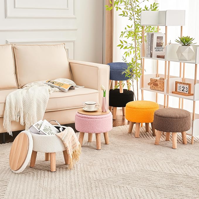Poofzy Small Ottoman with Storage, Small Foot Stool Ottoman with Wood Legs, Sherpa Foot Rest for Couch, Living Room and Bedroom - Pink
