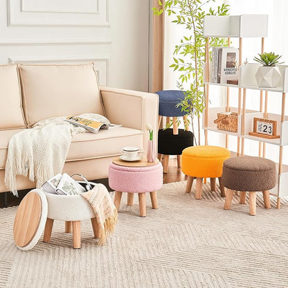 Poofzy Small Ottoman with Storage, Small Foot Stool Ottoman with Wood Legs, Sherpa Foot Rest for Couch, Living Room and Bedroom - Black