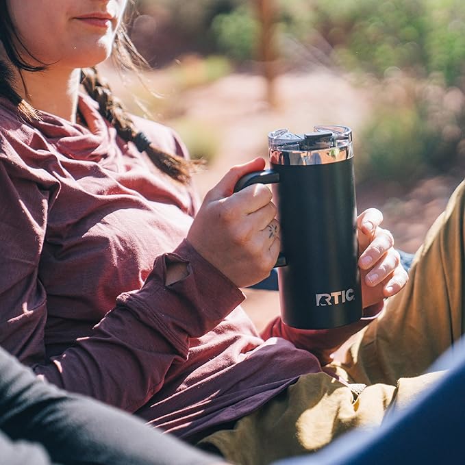 RTIC 20oz Road Trip Travel Mug with Lid and Handle, Insulated, Stainless Steel, Metal, Double Wall Vacuum-Insulation, Ceramic Lined, Portable Coffee, Tea Cup for Hot and Cold Drink, Black Cherry