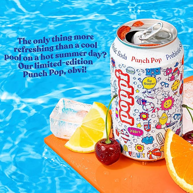 Poppi Sparkling Prebiotic Soda Beverage with Apple Cider Vinegar, Seltzer Water and Fruit Juice, Punch Pop, 12 Fl Oz, Pack of 12