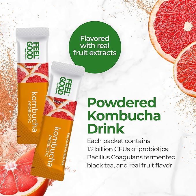 FeelGood Superfoods Kombucha Iced Tea Packets, Delicious Grapefruit Flavored Refreshing Instant Kombucha Powder Fizzy Drink, Probiotic Supplement for Gut Health, 14 pack