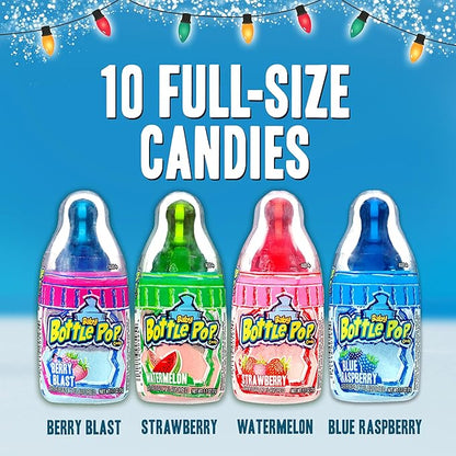 Baby Bottle Pop Christmas Candy Variety Pack - 10 Ct Bulk Lollipops with Dipping Powder - Full Size, Individually Wrapped Hard Candy, Stocking Stuffers, Gifts, Party Favors for Kids