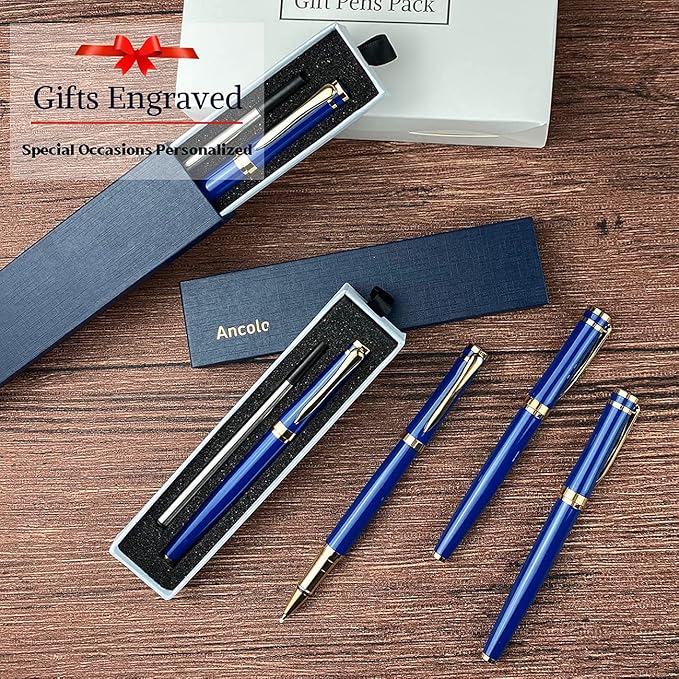Ancolo Blue Ballpoint Pens - Modern, Classy, and Functional - Engraved with Your Message - Perfect for Groomsman, Wedding Party, Graduation, Christmas, Mother's Day